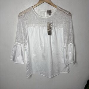Como Vintage White‎ Lace Detail Bell Sleeve Top Women's Small Romantic Blouse